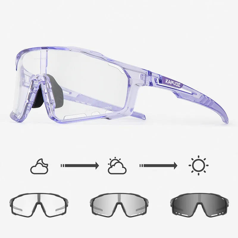 Photochromic cycling sunglasses with semi-rimless TR90 frame in one of 14 colour options.