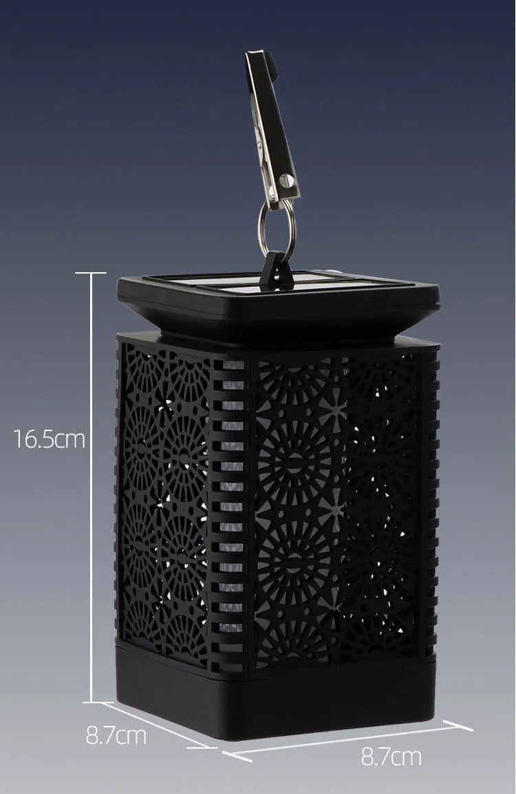 Solar-powered retro-style flame lamp for outdoor garden and patio lighting.