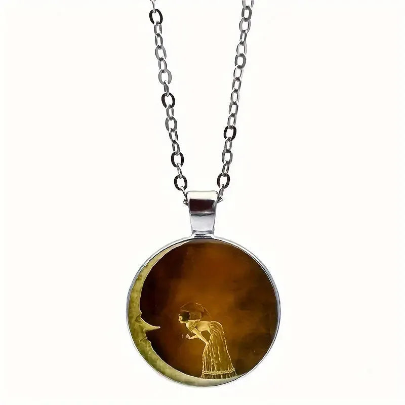 Retro moon-shaped organic glass pendant necklace on adjustable alloy cross chain in bronze finish