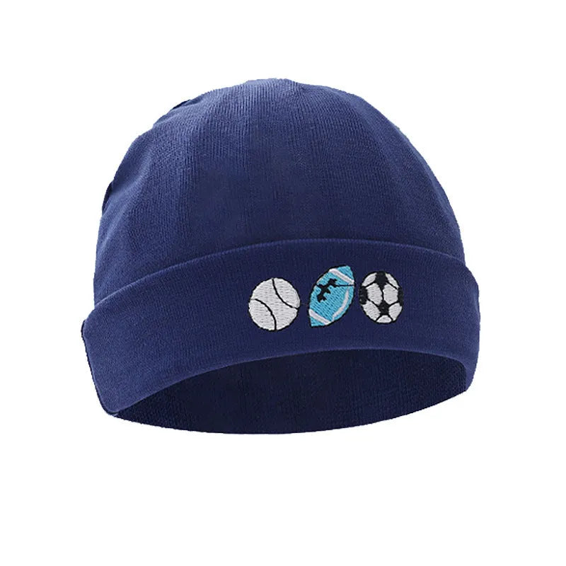 Set of white, light blue, and grey cotton baby pullover caps, gloves, and foot covers for infants.