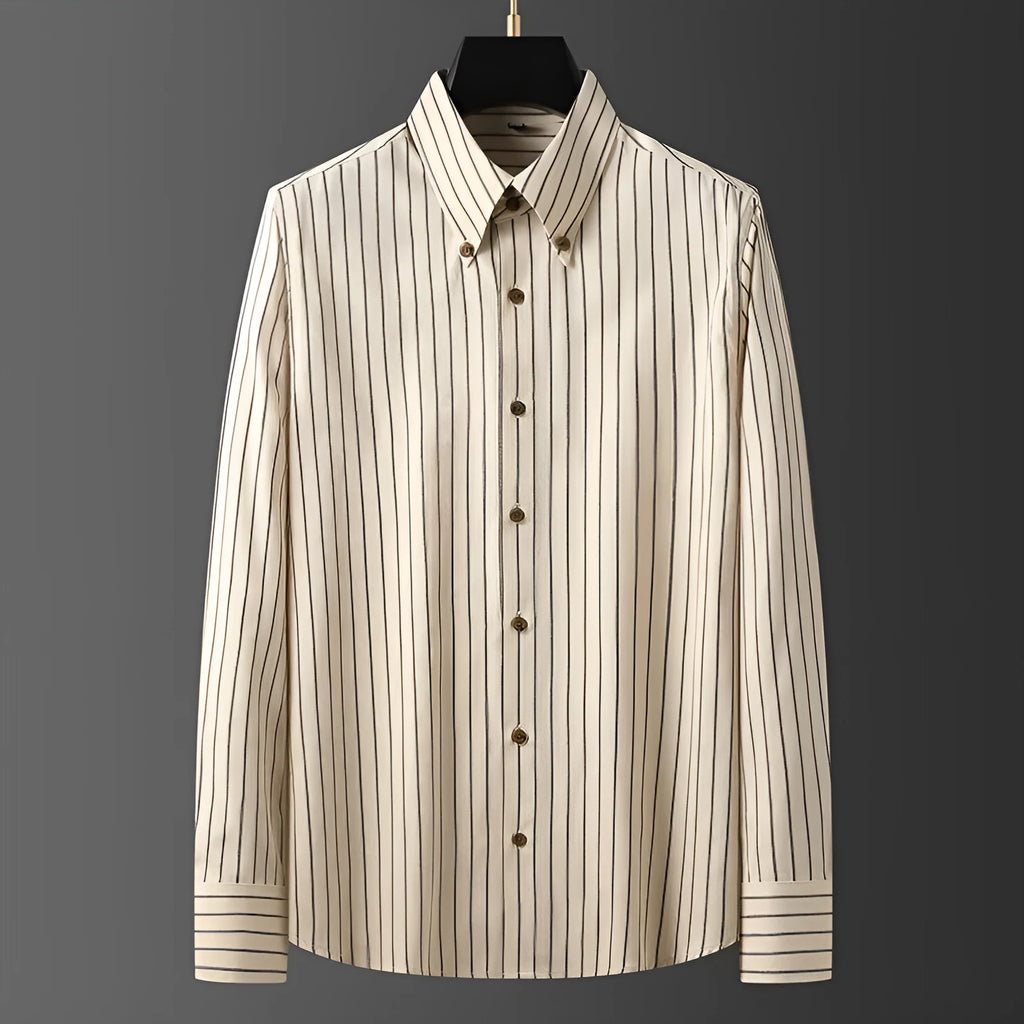 Men's non-ironing striped long-sleeved shirt with wool lining in coffee colour on hanger