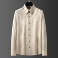 Men's non-ironing striped long-sleeved shirt with wool lining in coffee colour on hanger