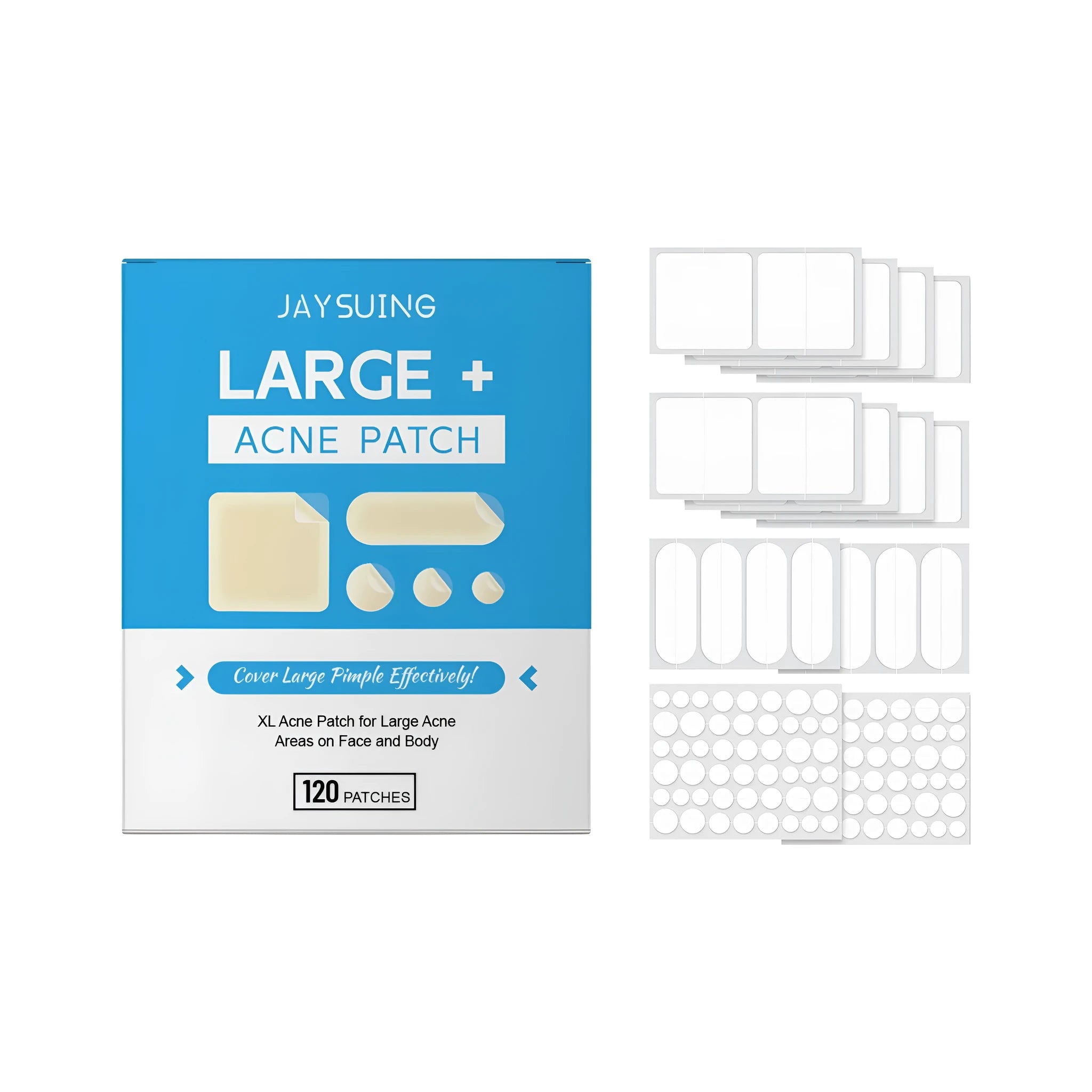 Box of 120 hydrocolloid acne patches with tea tree oil and salicylic acid ingredients