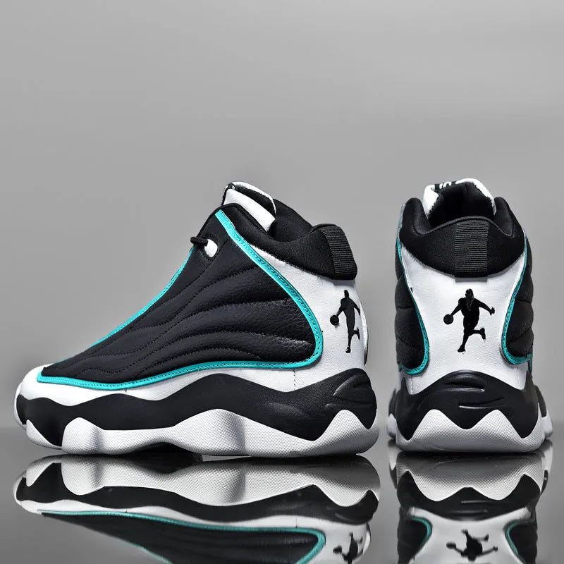 Men's high-top lace-up basketball shoes in AJ13 colourways with mesh upper and rubber sole.