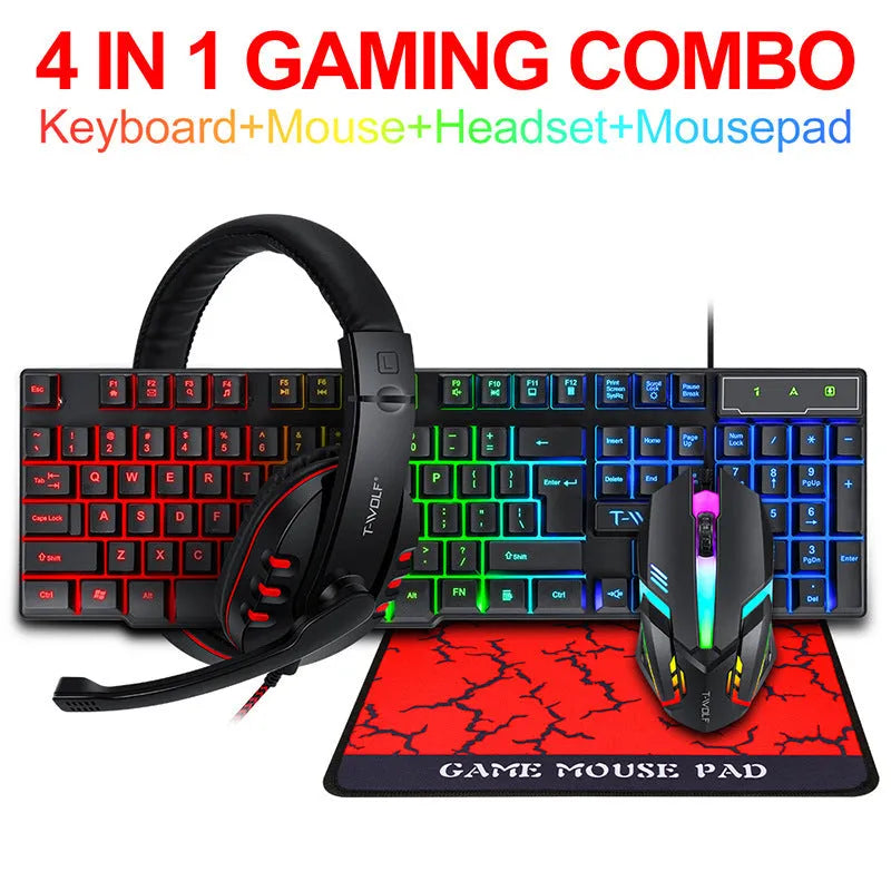 Thunder Wolf T800 gaming keyboard and mouse set with headset and mouse pad showing RGB lighting effects