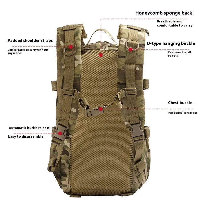 All Terrain Camouflage 20L nylon backpack with YKK zippers and curved shoulder straps