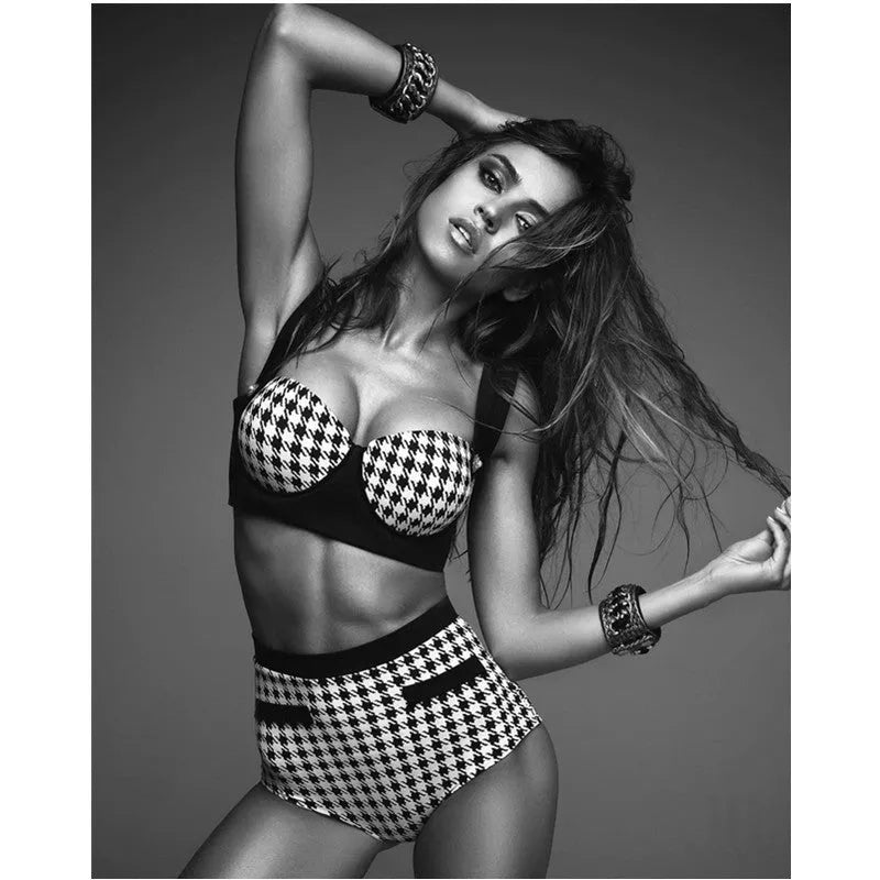 Black houndstooth push-up bandage bikini set with triangle top and split-leg bottom