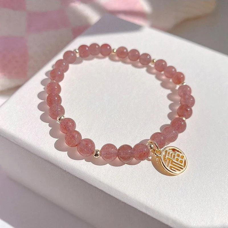 Handmade strawberry quartz glass bracelet in New Chinese style with adjustable universal wrist size