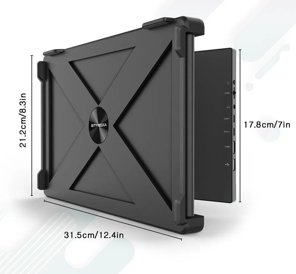 Black portable monitor display screen with HDMI and USB-C cables for laptop and phone dual screen use