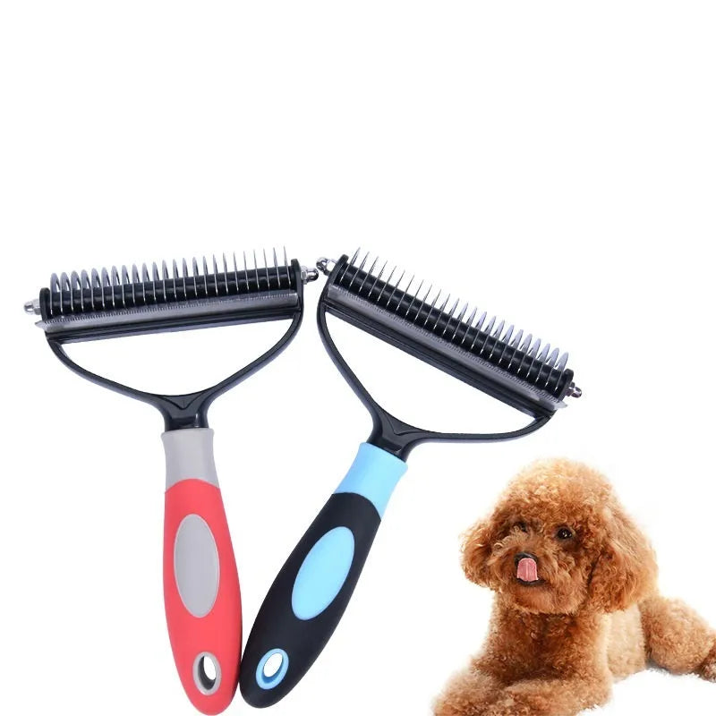 Dual purpose pet comb for dogs and cats, plastic construction, blue colour, large size, with comb teeth visible