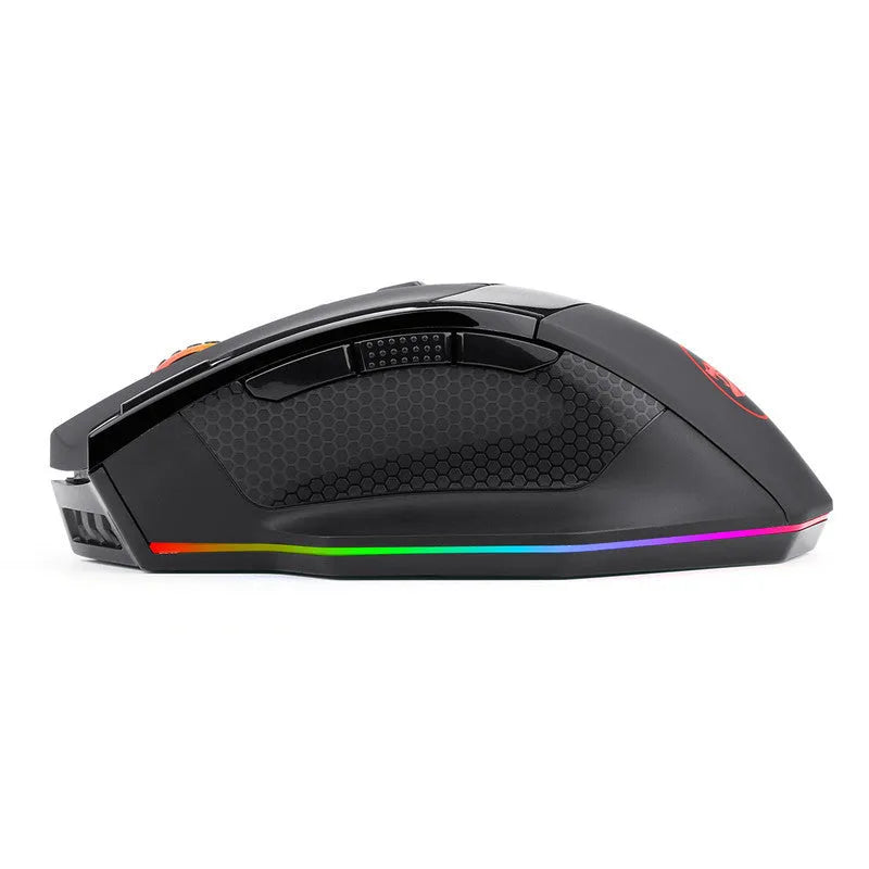 Black Redragon M801P dual-mode gaming mouse with multiple side buttons on a desk