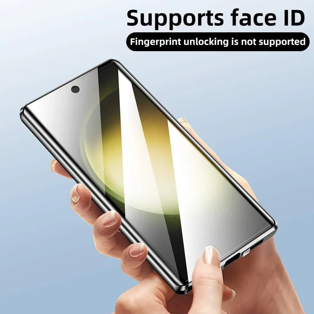 Glossy metal magnetic peep-proof phone case for Samsung with aluminium alloy glass construction and drop resistance