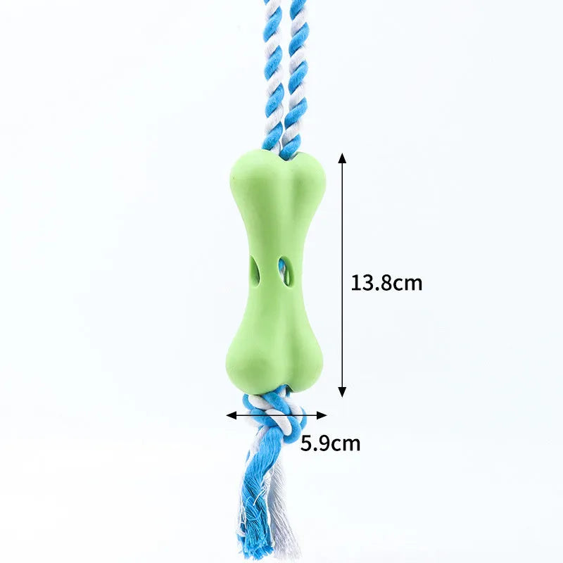 Porous bone rope knot dog chew toy with food compartments in green colour