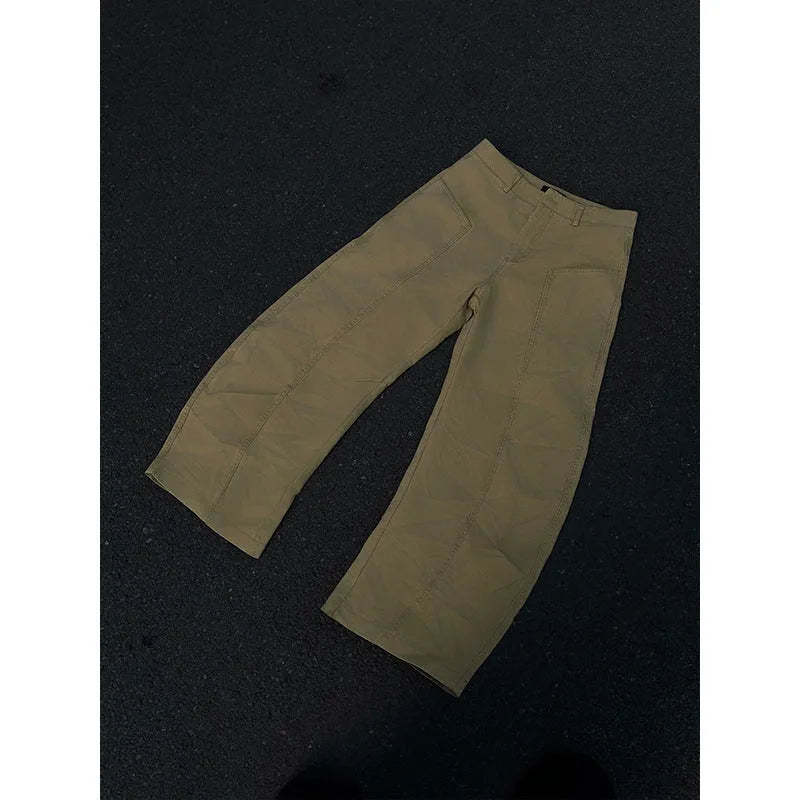 Men's khaki cotton straight-leg trousers laid flat showing American retro casual style