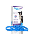 A pack of four solid-colour dog anxiety relief collars made from black, blue, grey, and pink TPR, each measuring 62cm.