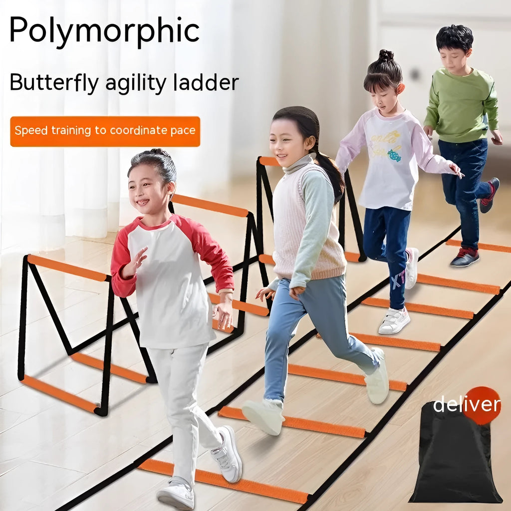 Plastic butterfly agility ladder and jump grid set for youth athletic training on a flat surface.