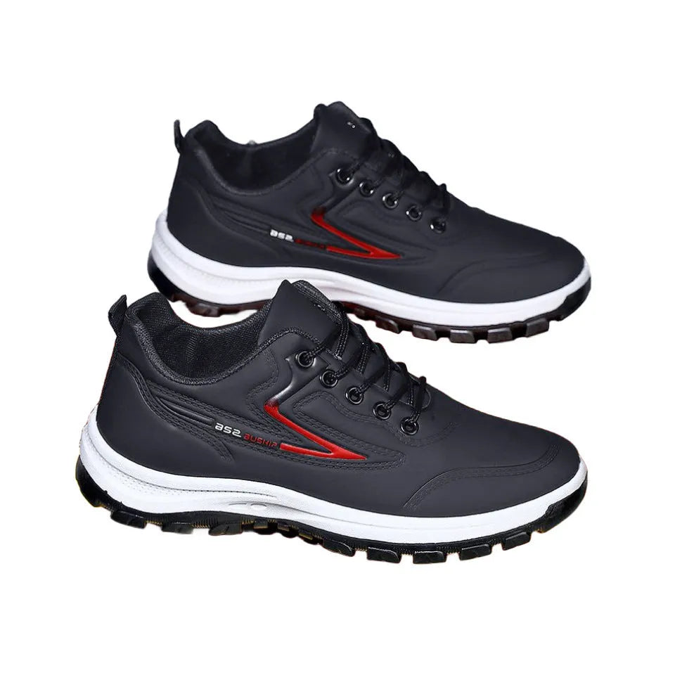 Waterproof leisure sports shoes with artificial PU upper and soft sole in black and grey colour