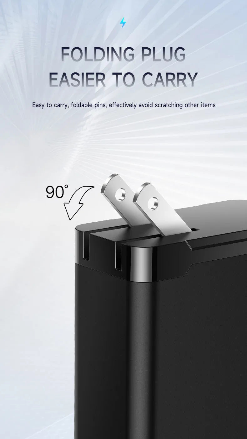 65W gallium nitride GaN multi-port charger in black with two USB-C and one USB-A output ports