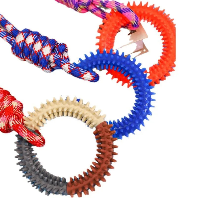 Blue braided rope dog toy with knots measuring 43cm long for puppy chewing