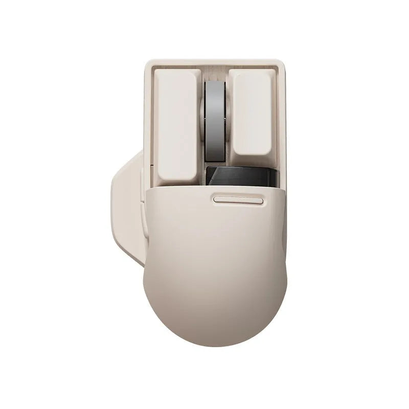 Xiaoqiao wireless mouse in tofu colour showing seven-button layout and Type-C charging port.