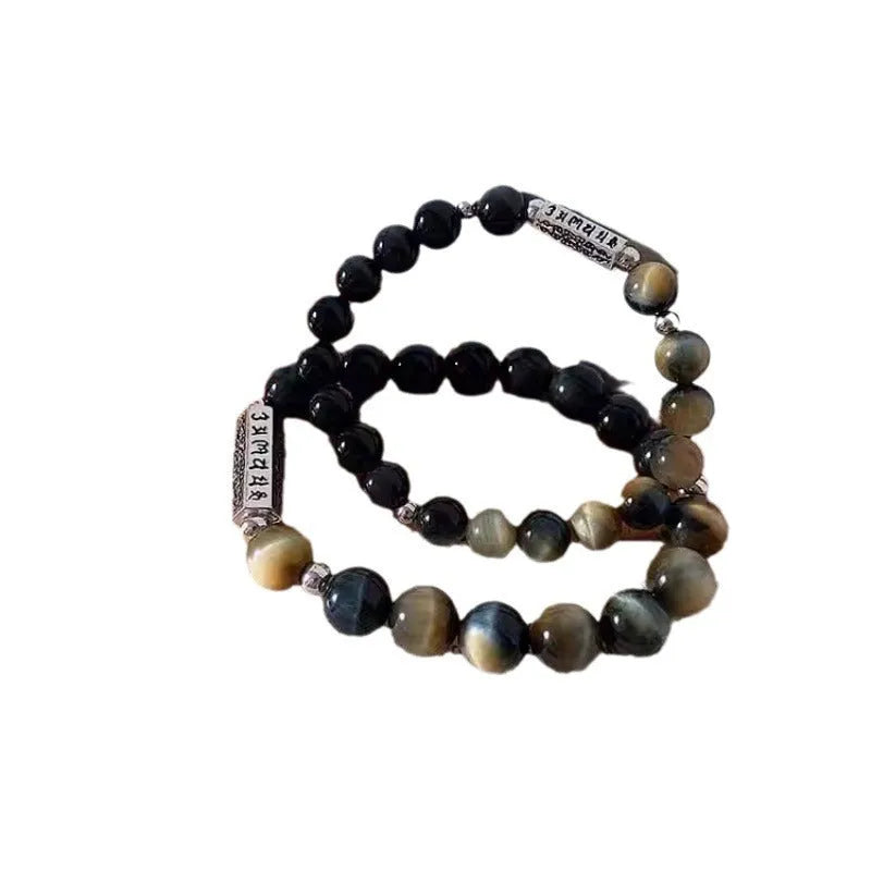 Tigereye Obsidian gemstone bracelet with six words mantra engraving on S925 sterling silver, Chinese style geometric round bead design.