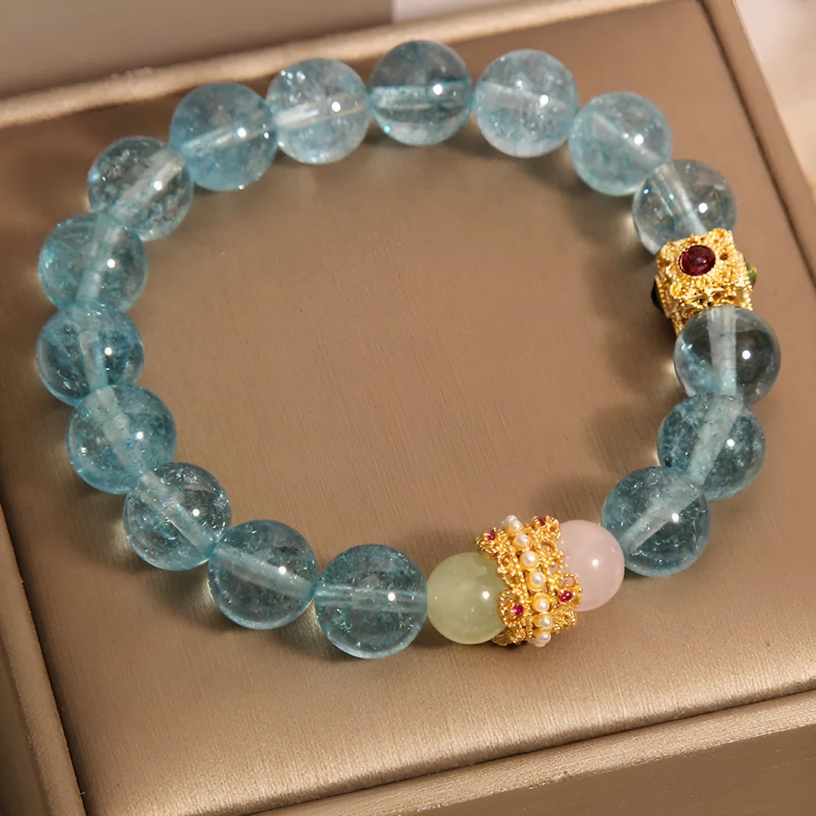 Blue Chinese style crystal bracelet with cube sugar colourful crystals and flexible diamond ring design for women