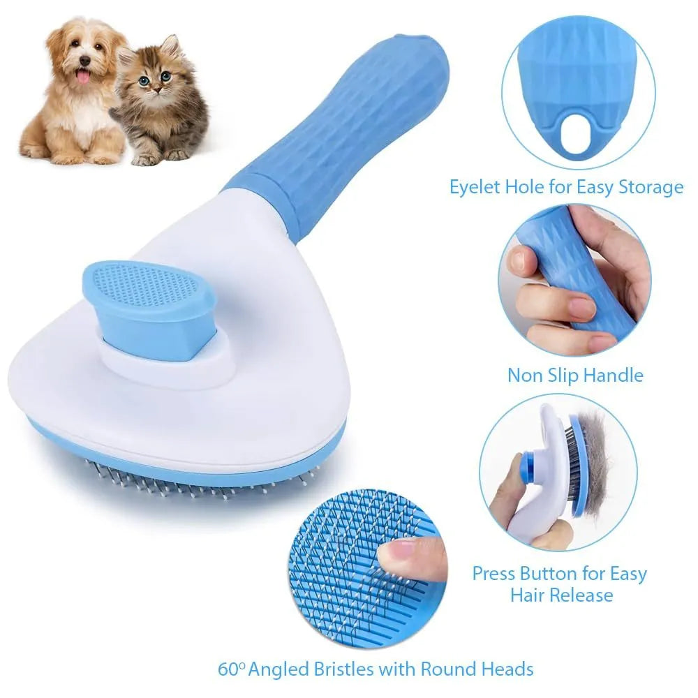 Blue cat brush with a release button and fine wire bristles for removing pet hair.