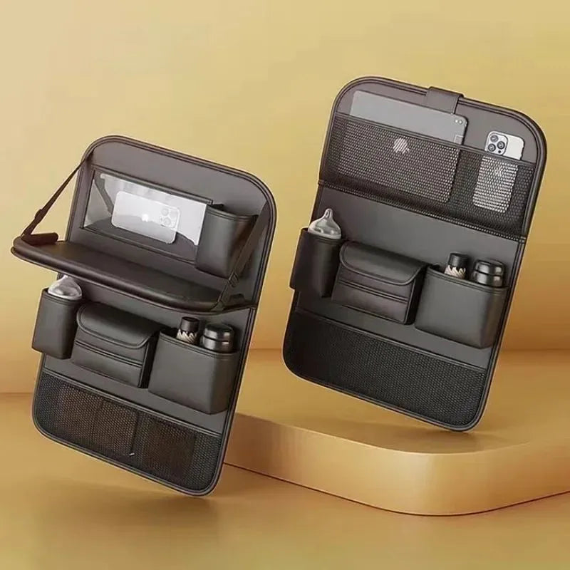 Black PU leather car seat storage bag with foldable table tray attached to a car back seat