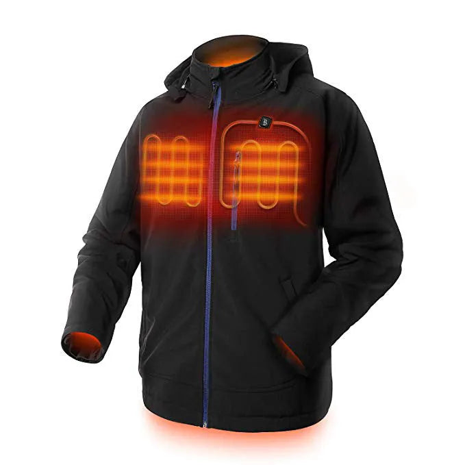 Black men's USB heated waterproof windproof winter coat with long sleeves and straight hem
