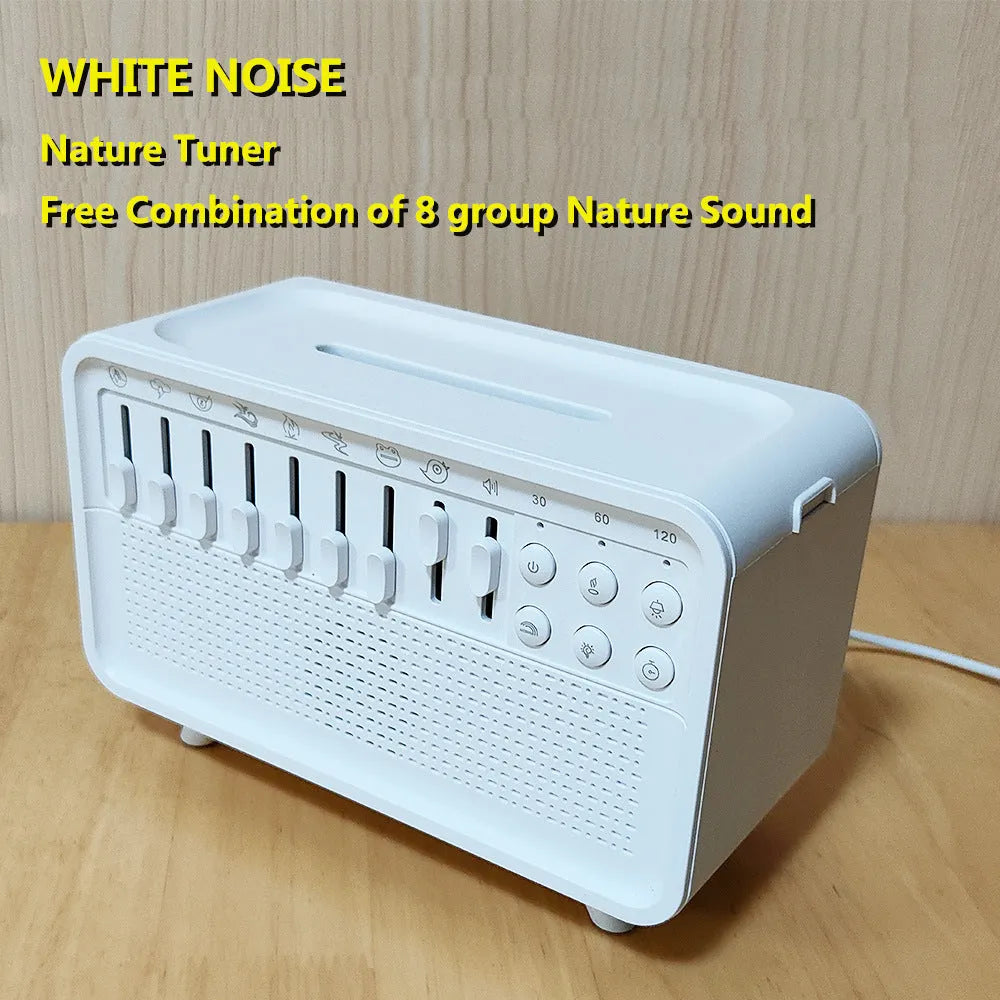 White 3-in-1 Bluetooth white noise sleep machine with humidifier and night light, geometric European design