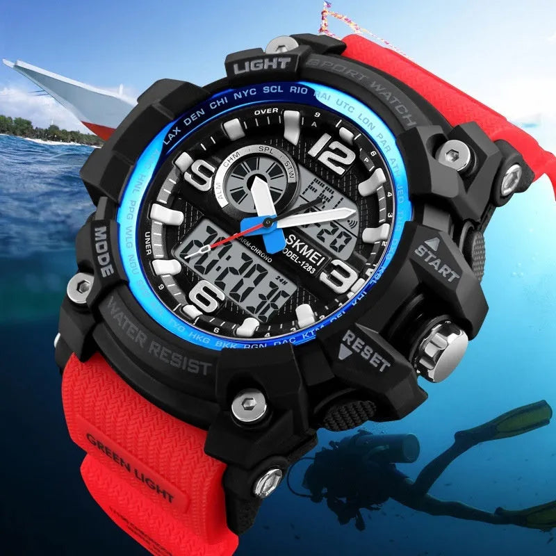 Sports waterproof electronic watch for men with black silicone strap and round dial