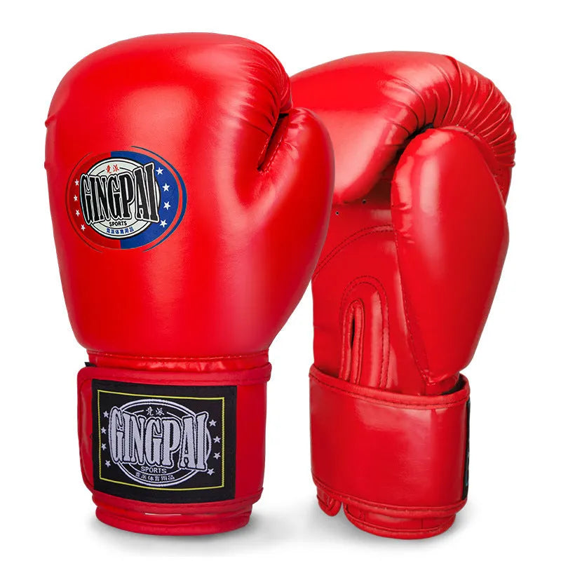 Pair of professional PU training boxing gloves in a vertical style on a coloured background.