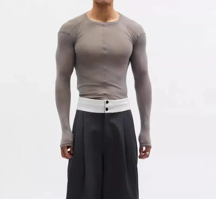 Black slim-fit women's pullover top with a mesh see-through texture and long sleeves.