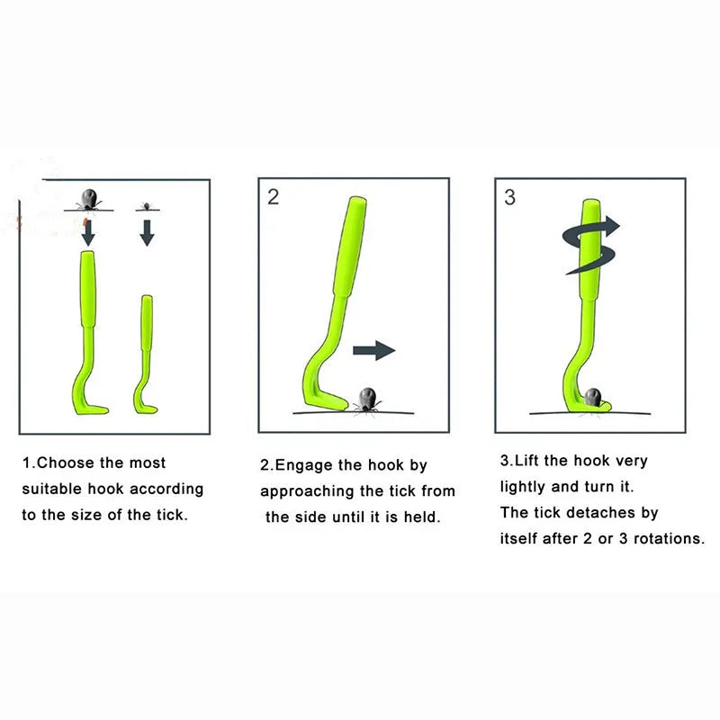 Three plastic pet tick removal hooks in blue and green colours for dog and cat parasite elimination