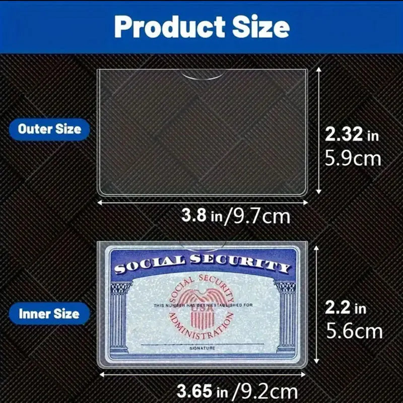 Clear PVC waterproof cover holding a social security card, showing dimensions of 9.7cm by 5.9cm.
