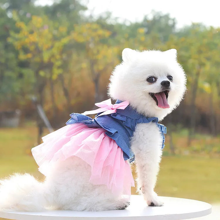 Korean version creative bow pet denim skirt in pink or white yarn for dogs