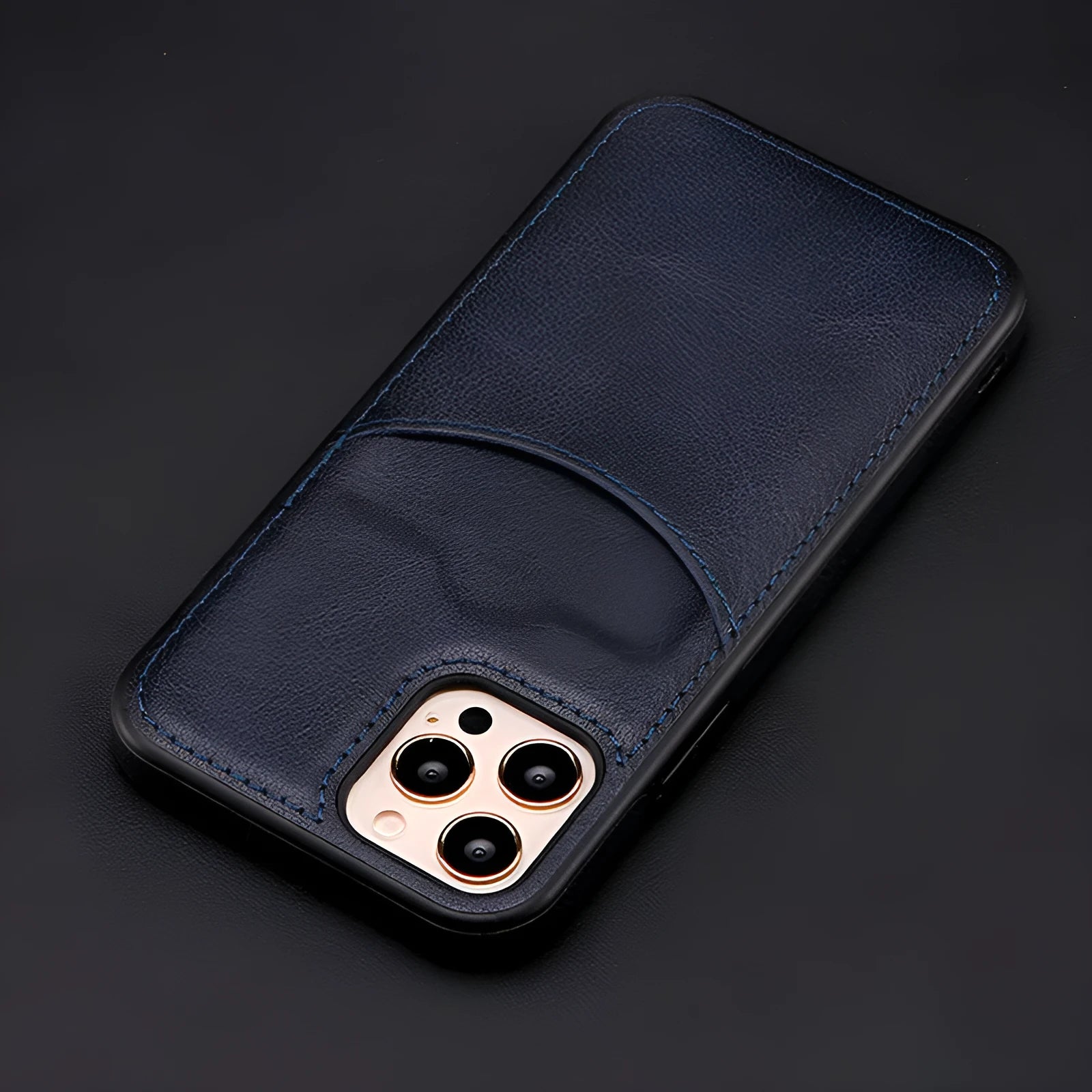 Dark blue PU leather protective case on an iPhone, showing a snug fit and raised edges around the screen.