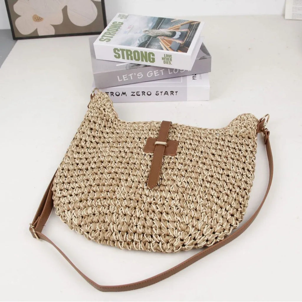 Handmade beige woven bag with special-interest design, 35cm dimensions and adjustable shoulder strap