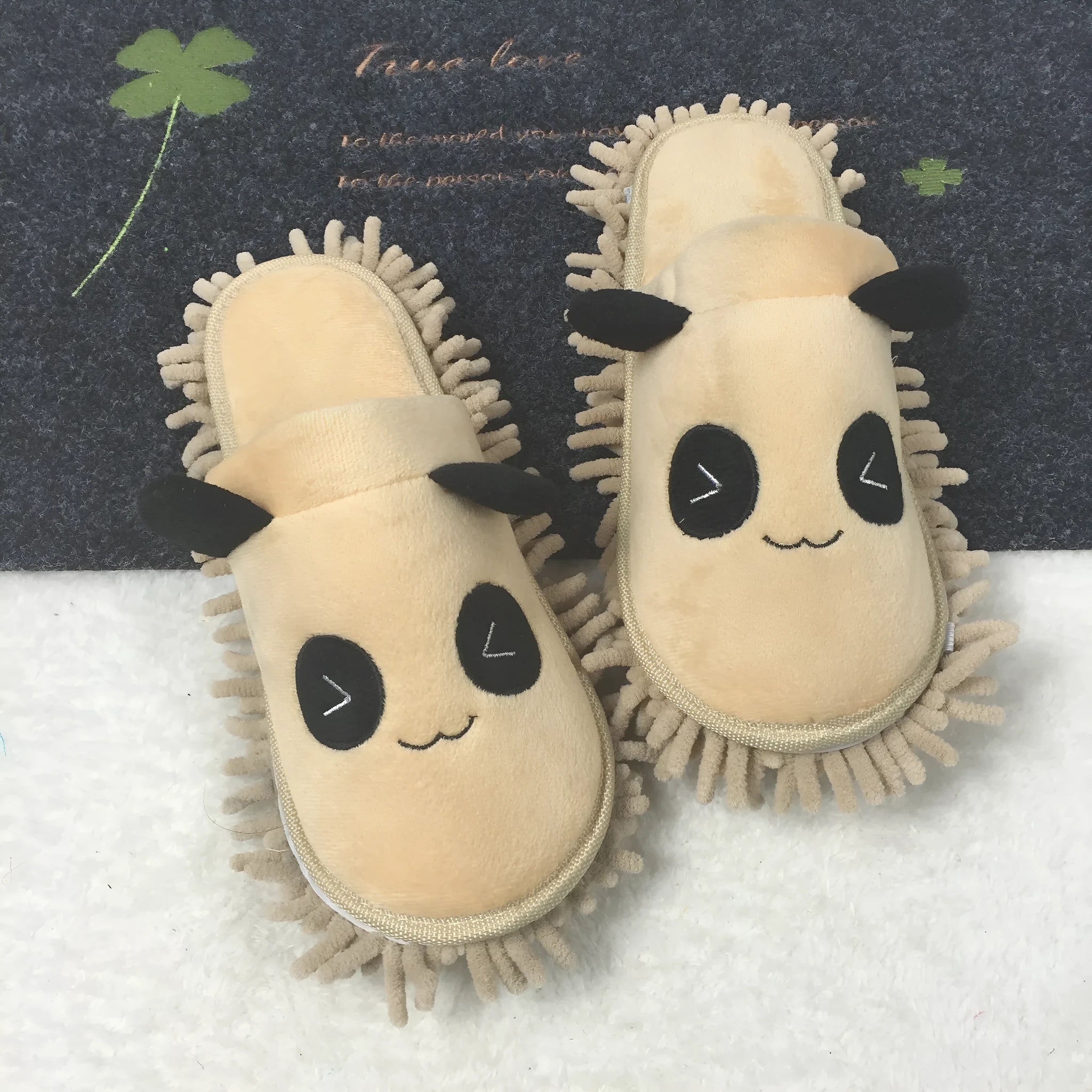 Panda-themed removable slippers in coral fleece with chenille sole