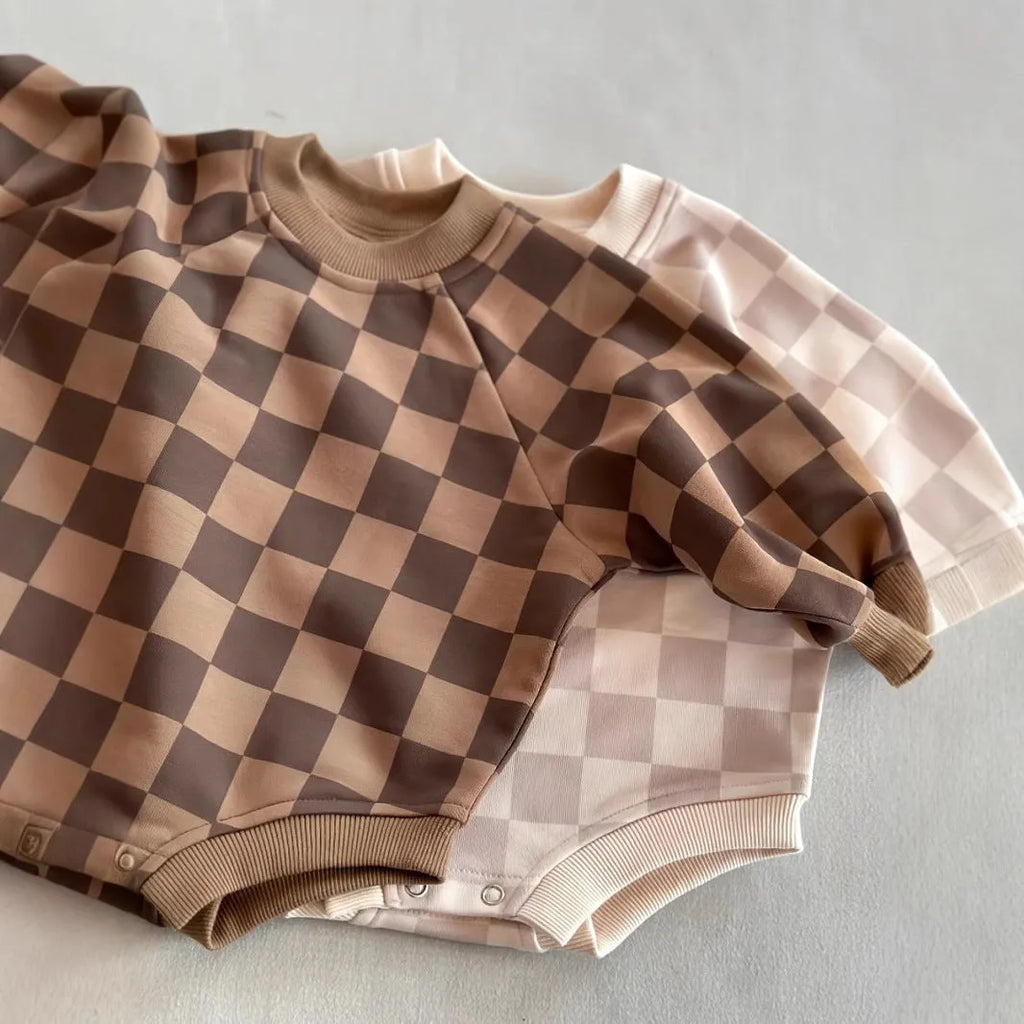 Baby cotton chessboard plaid pullover jumpsuit in brown plaid, long sleeves, neutral style