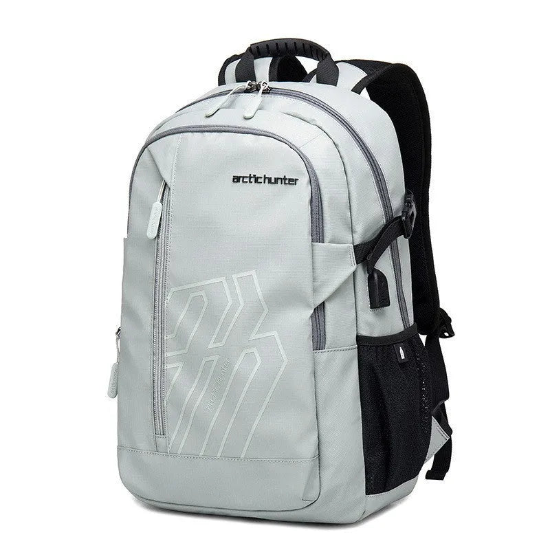 Casual plaid polyester computer backpack with curved shoulder strap, shown in blue colour