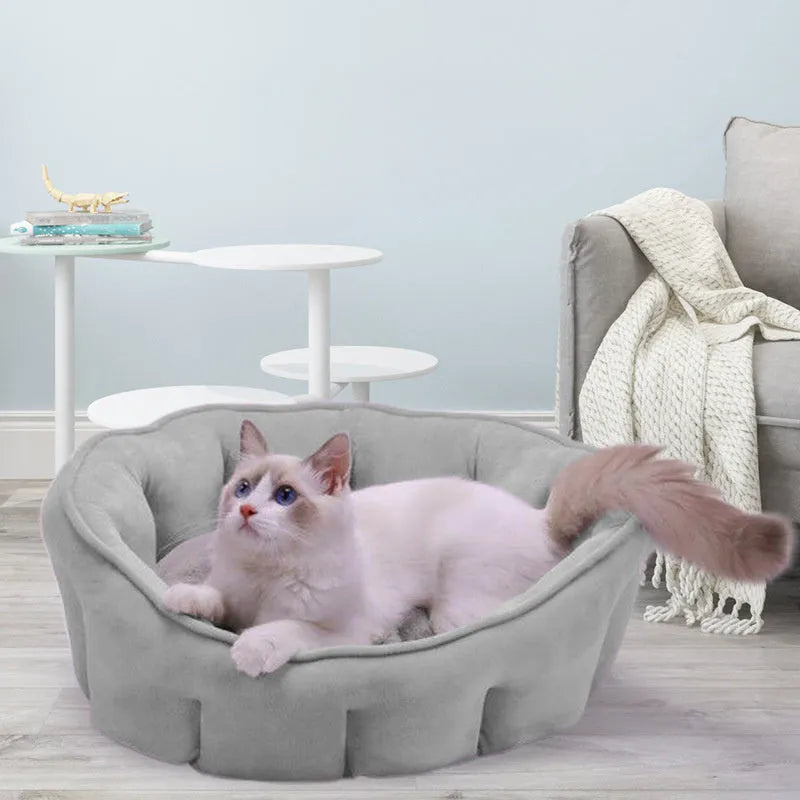 Grey plush cat kennel mat with integrated hammock and raised house structure