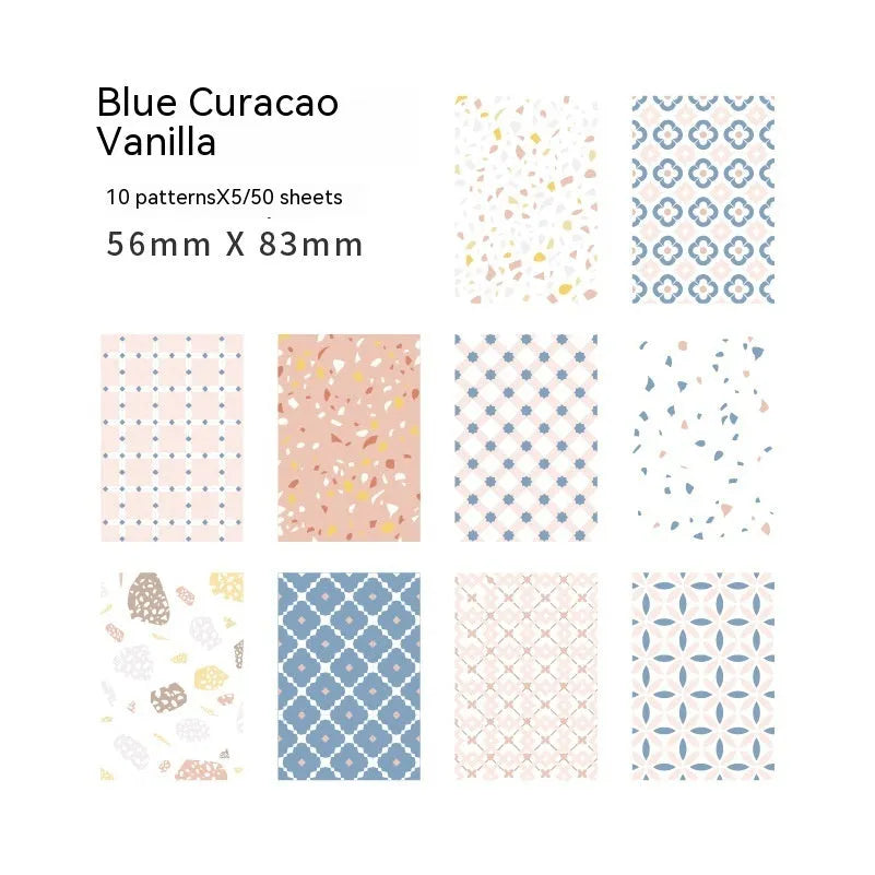 Pack of 50 retro-style decorative note papers with dessert-themed designs in ten colours.
