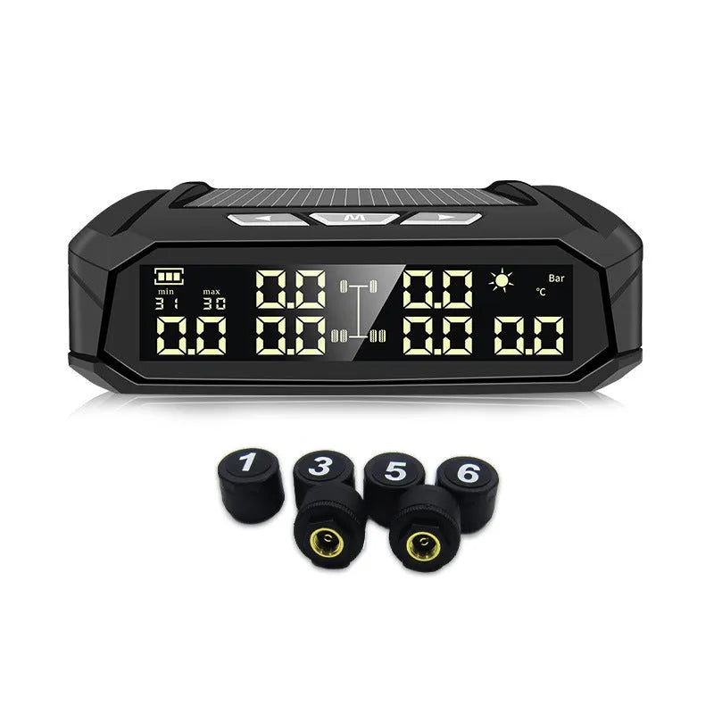 Solar external tyre pressure monitor with colour screen and six sensors for trucks