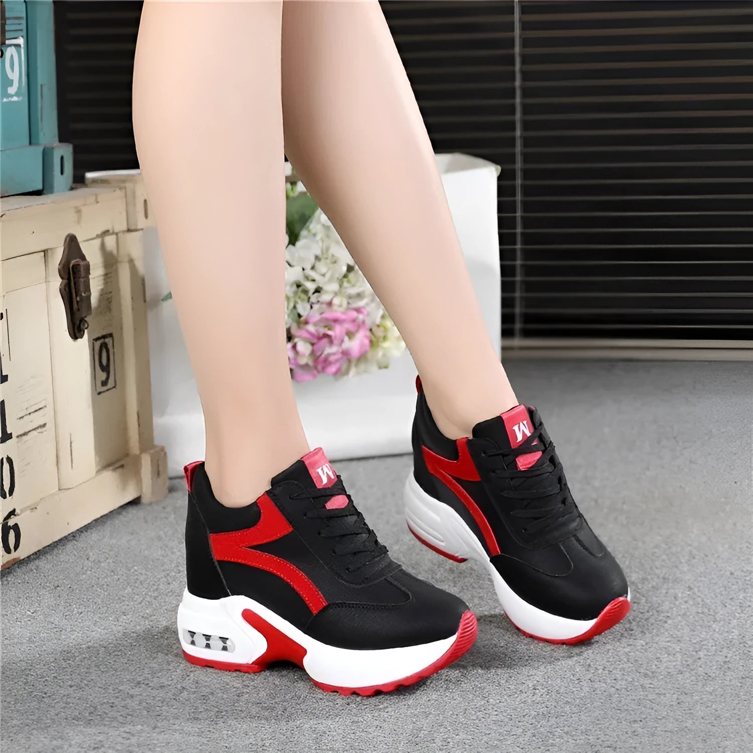 Women's white wedge platform shoes with PU upper round toe and 6-8CM heel