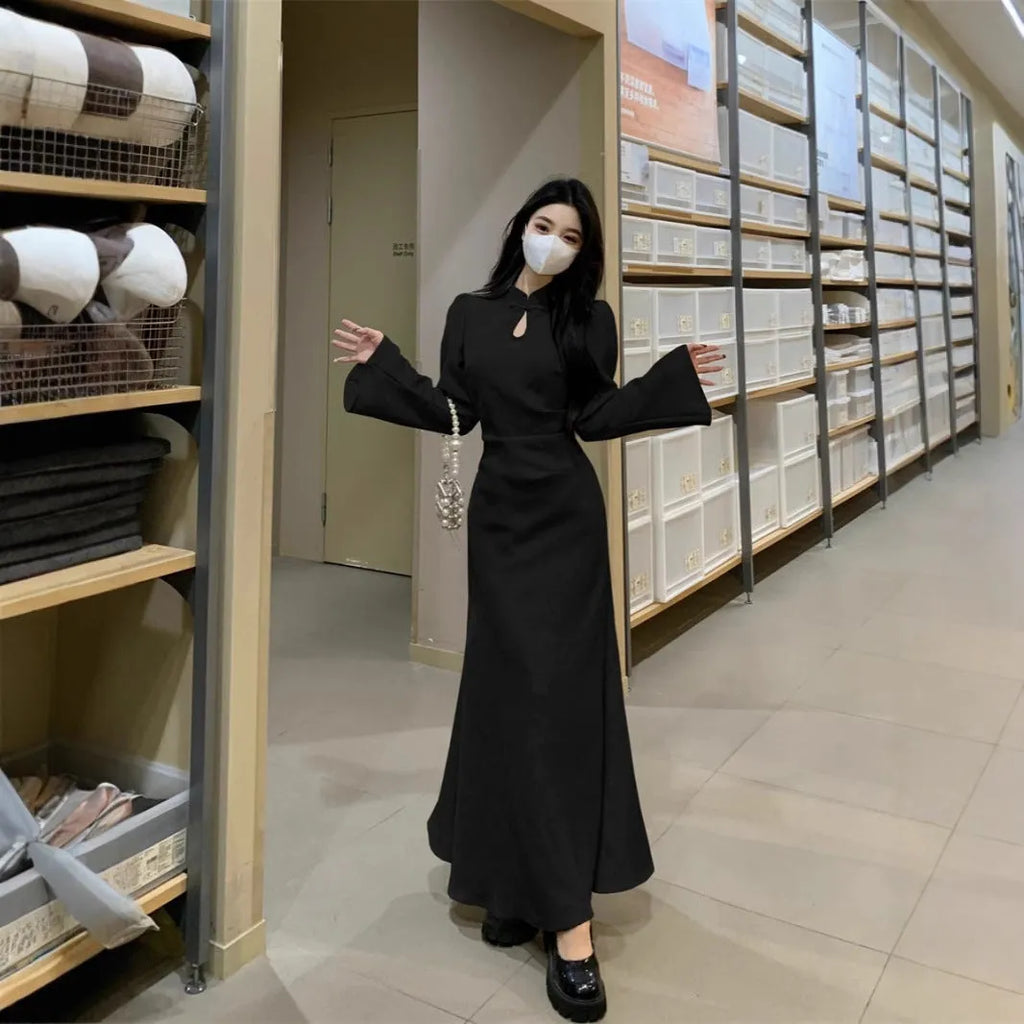 Plus size women's black cheongsam dress with waist-tight draping effect, long sleeves, hip skirt, milk silk fabric