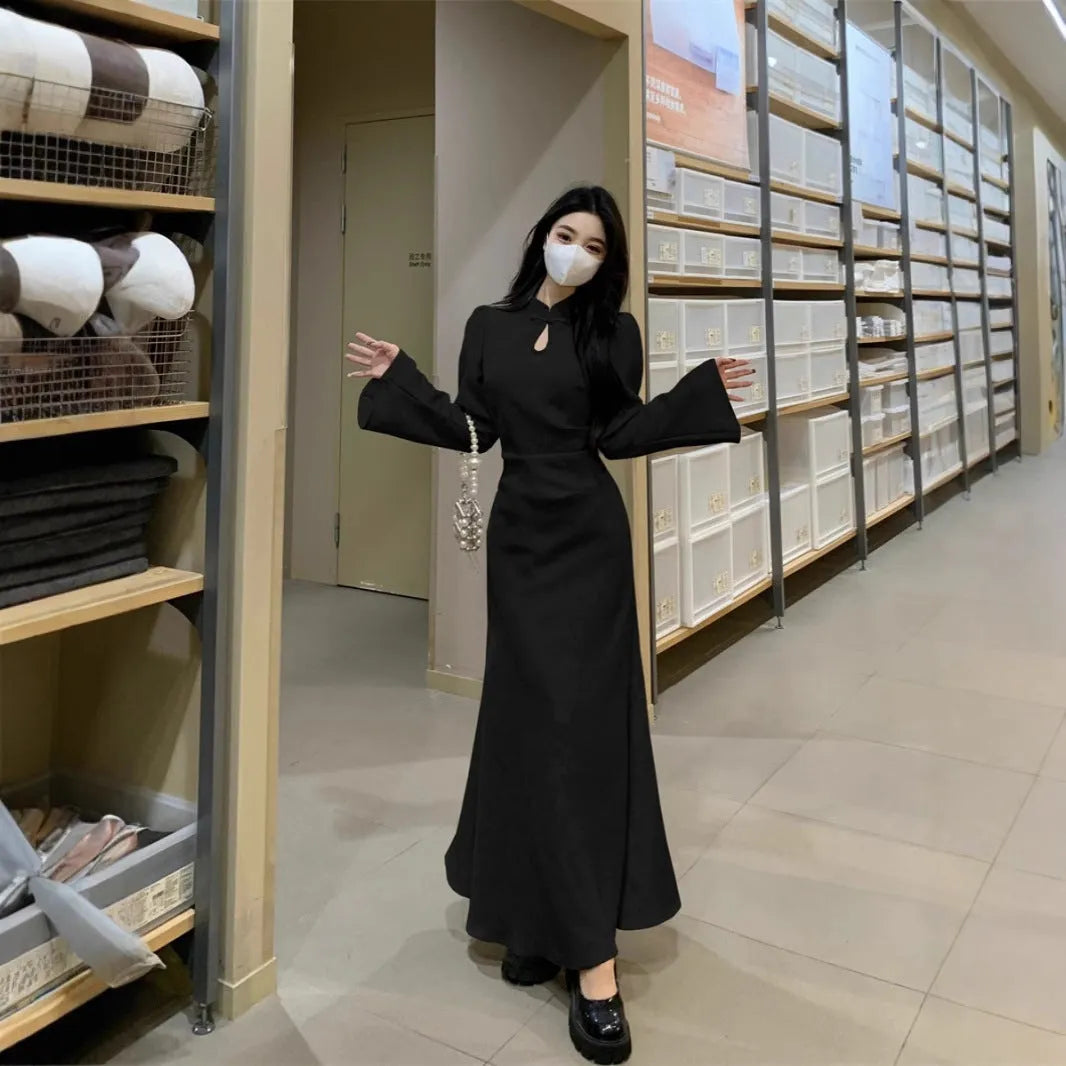 Plus size women's black cheongsam dress with waist-tight draping effect, long sleeves, hip skirt, milk silk fabric