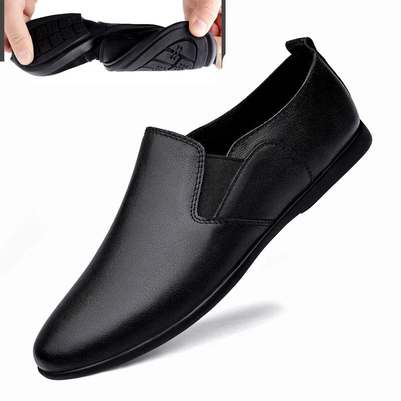 Men's black and brown leather business casual shoes with round toe design