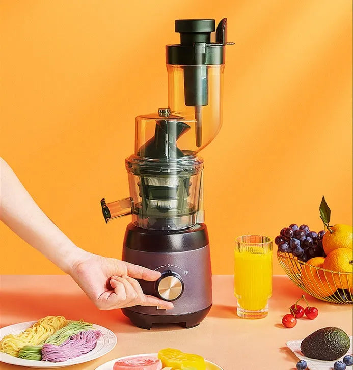 Grey juicing machine with multi-function separator, 90mm caliber, 600ml juice cup, slow 59 rpm extraction, US plug