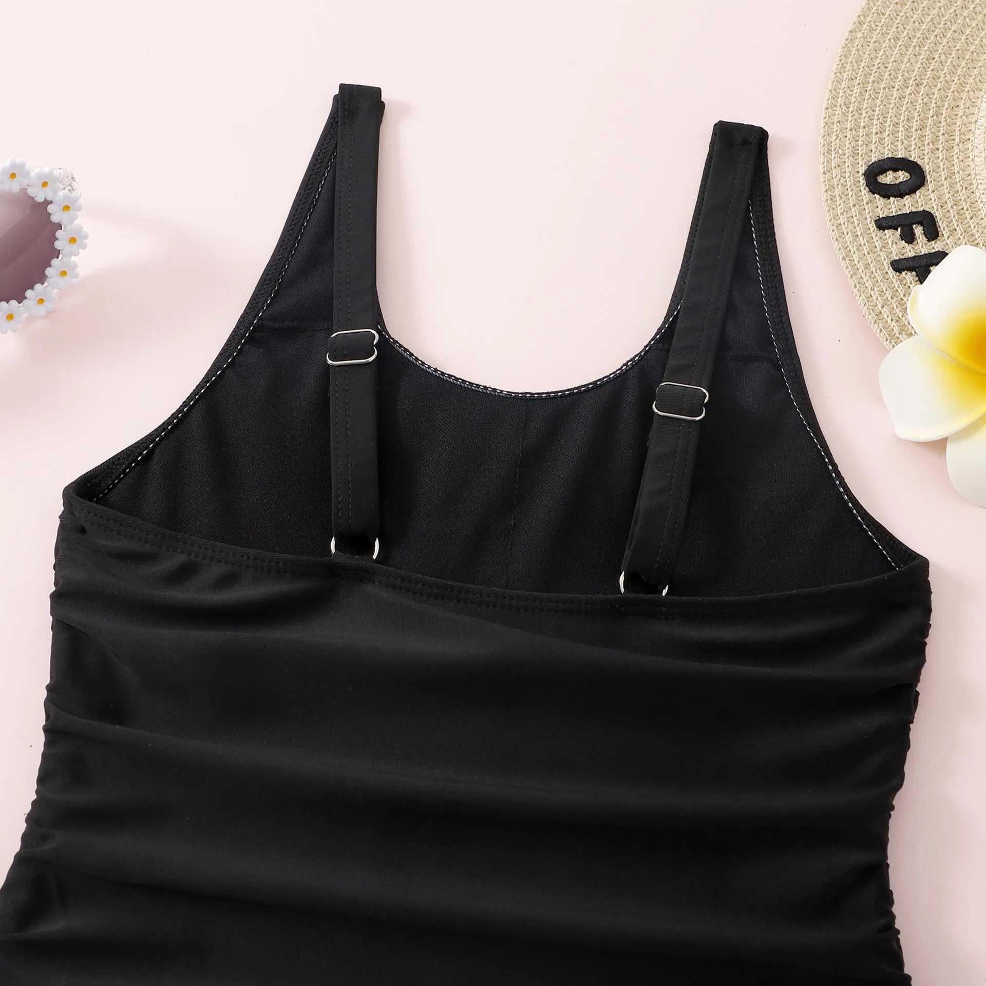 Black solid colour pleated tie swimsuit for girls, polyester spandex, briefs style, Asian sizes 130-160
